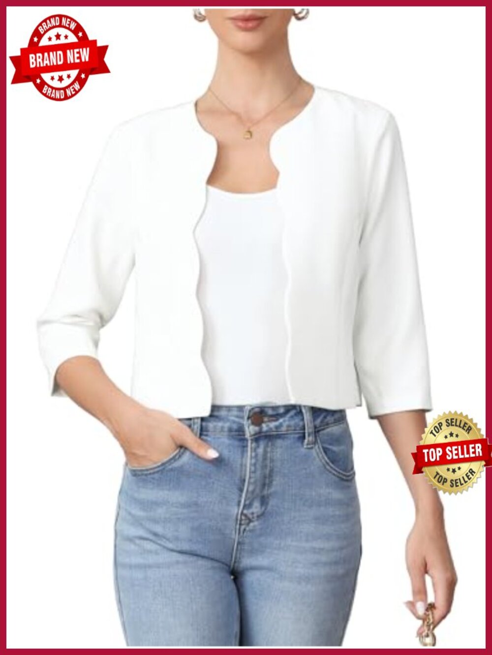 Cropped Blazer 3/4 Sleeve Scalloped Trim Collarless Open Front Jacket